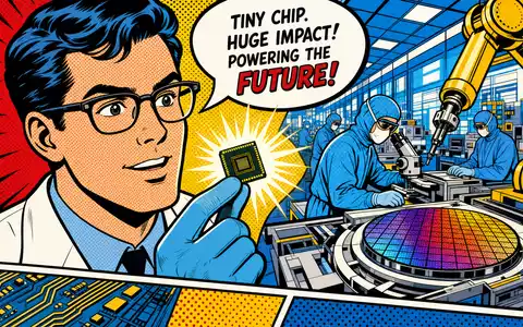 Analog Devices Inc. US0326541051 Pop-Art-Comic eines Wissenschaftlers mit leuchtendem Halbleiterchip im Reinraum - Foto: THN