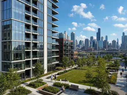 Equity Residential US29476E1073 zeigt ein modernes gläsernes Apartmenthochhaus mit begrüntem Innenhof vor urbaner Stadtsilhouette - Foto: THN