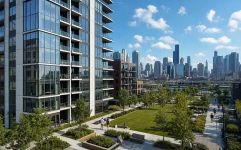Equity Residential US29476E1073 zeigt ein modernes gläsernes Apartmenthochhaus mit begrüntem Innenhof vor urbaner Stadtsilhouette - Foto: THN