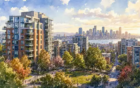 Equity Residential US29476E1073 Aquarell Stadtlandschaft mit modernen Wohnhochhäusern Herbstbäumen und warmem Nachmittagslicht am Wasser - Foto: THN
