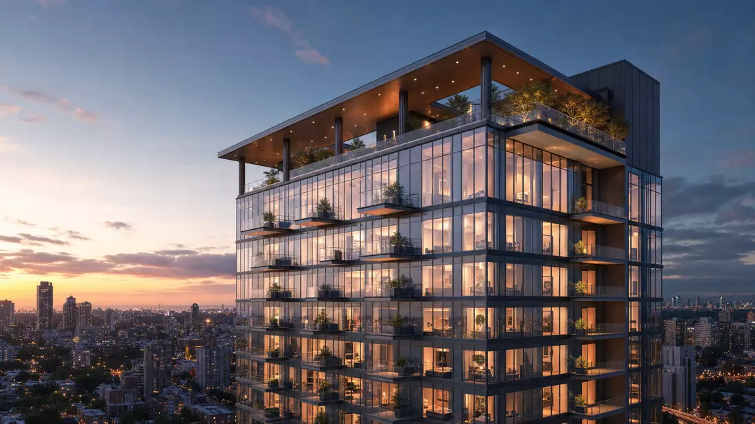 Architektur-Visualisierung eines gläsernen Wohnturms mit beleuchtetem Innenleben in der Dämmerung