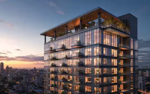 Equity Residential US29476E1073 CGI Render eines gläsernen Wohnhochhauses mit Dachterrasse im warmen Abenddämmerungslicht - Foto: THN