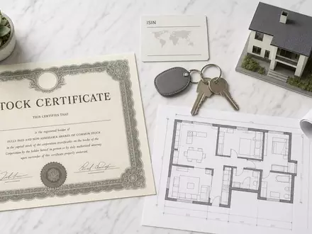 Equity Residential US29476E1073 Flatlay zeigt Aktienzertifikat ISIN Karte Wohnungsschlüssel und Grundrisszeichnung auf weißem Marmor - Foto: THN