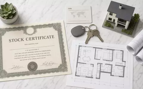 Equity Residential US29476E1073 Flatlay zeigt Aktienzertifikat ISIN Karte Wohnungsschlüssel und Grundrisszeichnung auf weißem Marmor - Foto: THN