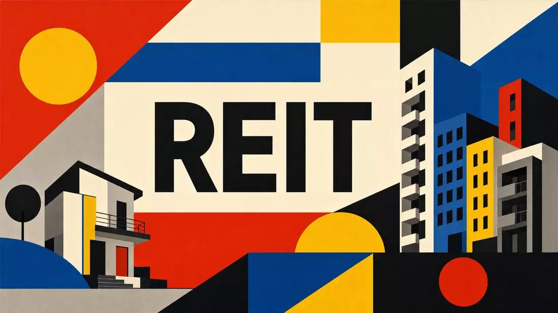 Geometrisches Bauhaus-Poster in Primärfarben mit großem REIT-Text und abstrakten Gebäudeformen
