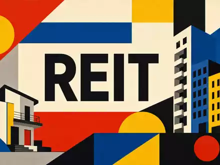 Equity Residential US29476E1073 Bauhaus Poster mit geometrischen Primärfarben und großem REIT Sektor Schriftzug in Mitte - Foto: THN