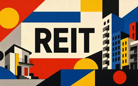 Equity Residential US29476E1073 Bauhaus Poster mit geometrischen Primärfarben und großem REIT Sektor Schriftzug in Mitte - Foto: THN