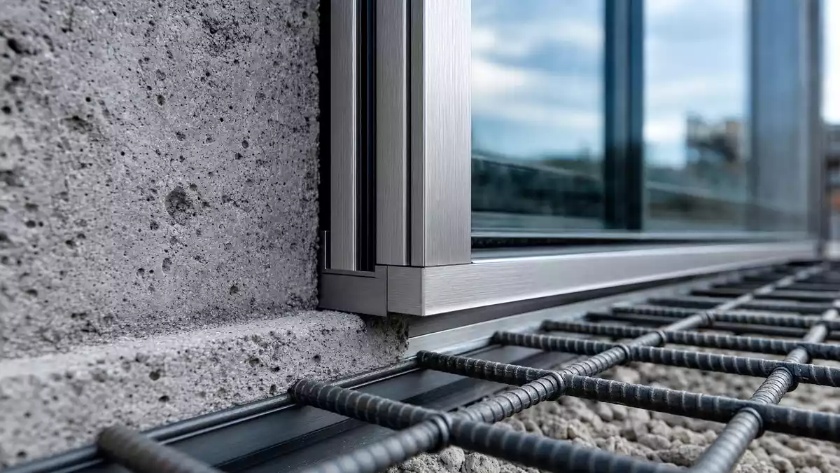 Extremnahaufnahme von strukturierter Betonoberfläche, Stahlbewehrung und Aluminiumfensterrahmen