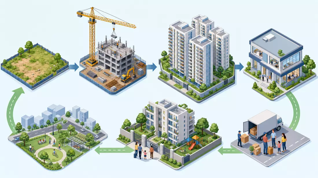 Isometrische 3D-Illustration der Wohnimmobilien-Wertschöpfungskette von Bau bis Einzug