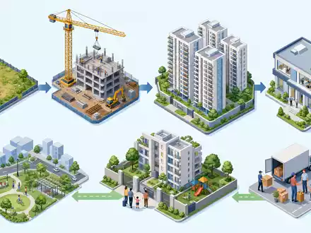 Equity Residential US29476E1073 isometrische 3D Darstellung der Wertschöpfungskette von Grundstück bis fertigem Mietwohngebäude - Foto: THN