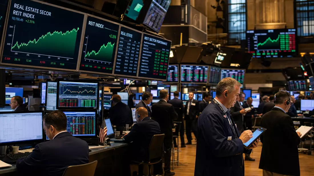 Redaktionsfoto des NYSE-Handelsraums mit digitalen REIT-Index-Bildschirmen und Börsenhändlern