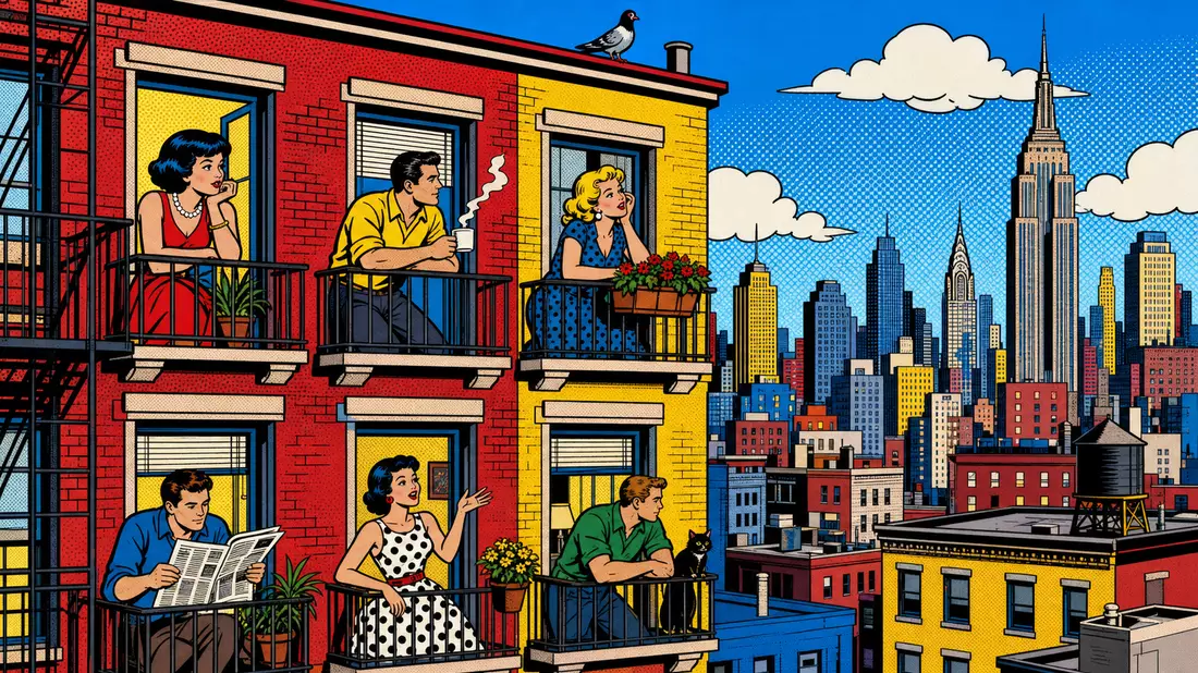 Pop-Art-Comic mit bunter Wohnhausfassade, Mietern auf Balkonen und New-York-Skyline im Hintergrund