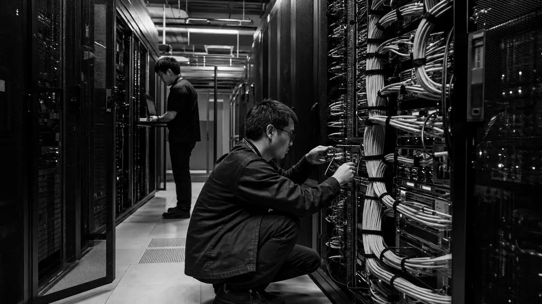 Techniker arbeiten im Rechenzentrum, schwarzweißes Reportage-Bild mit dramatischem Licht