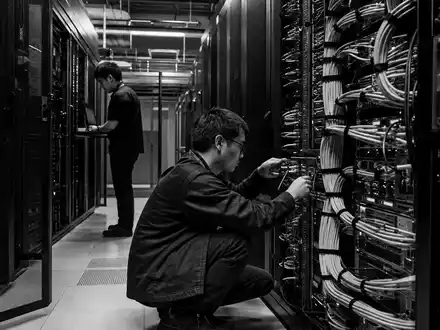 Equinix Inc. Techniker bei Serverarbeiten im Rechenzentrum, ISIN US29444U7033, dokumentarisches Schwarzweiß-Reportagefoto mit Kontrast - Foto: THN