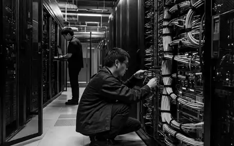 Equinix Inc. Techniker bei Serverarbeiten im Rechenzentrum, ISIN US29444U7033, dokumentarisches Schwarzweiß-Reportagefoto mit Kontrast - Foto: THN