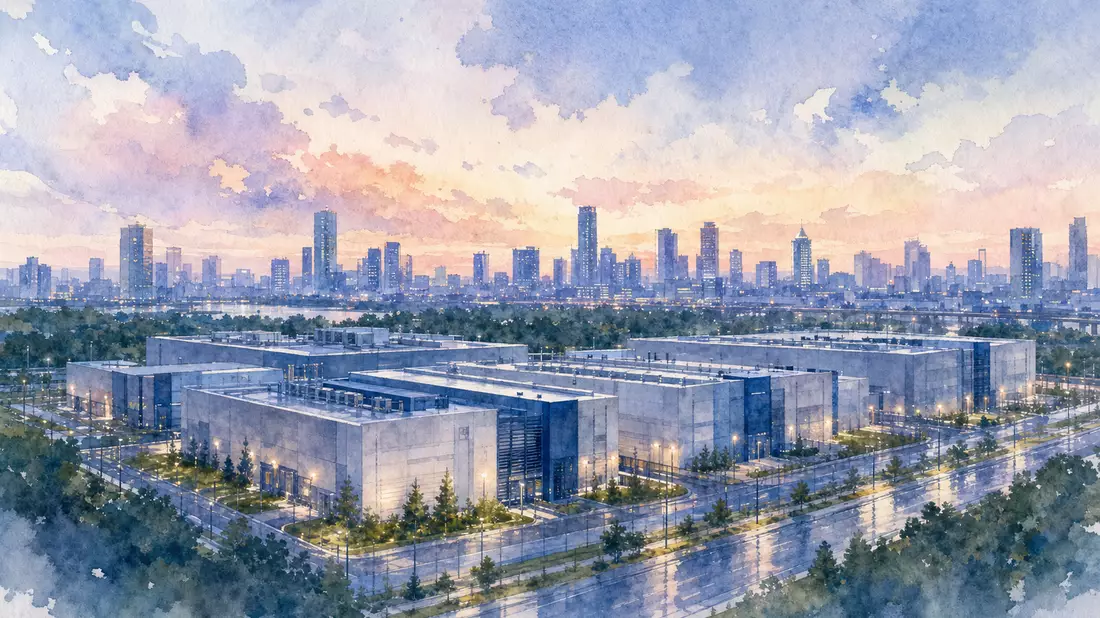 Aquarellbild des Equinix Inc. Rechenzentrums mit Stadtpanorama im Hintergrund