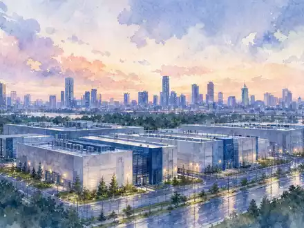 Equinix Inc. Rechenzentrumscampus als Aquarellgemälde mit Stadtsilhouette abends im Hintergrund, ISIN US29444U7033 - Foto: THN