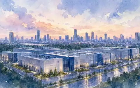 Equinix Inc. Rechenzentrumscampus als Aquarellgemälde mit Stadtsilhouette abends im Hintergrund, ISIN US29444U7033 - Foto: THN
