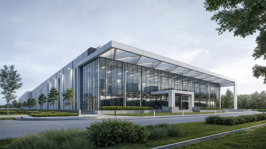 Architektonisches CGI-Rendering eines modernen Rechenzentrumgebäudes mit Glasfassade und Begrünung