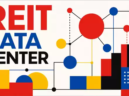 Equinix Inc. Bauhaus-Poster mit REIT DATA CENTER Schriftzug und geometrischen Formen, ISIN US29444U7033 - Foto: THN