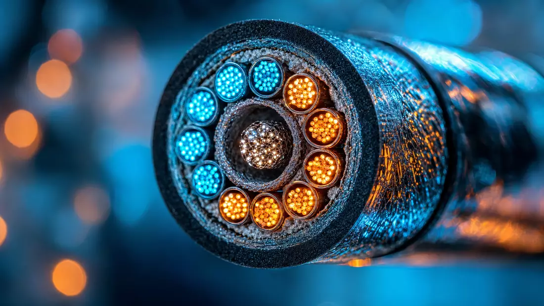 Extreme Makro-Nahaufnahme eines Glasfaserkabel-Querschnitts mit cyan-orangenen Lichtpunkten