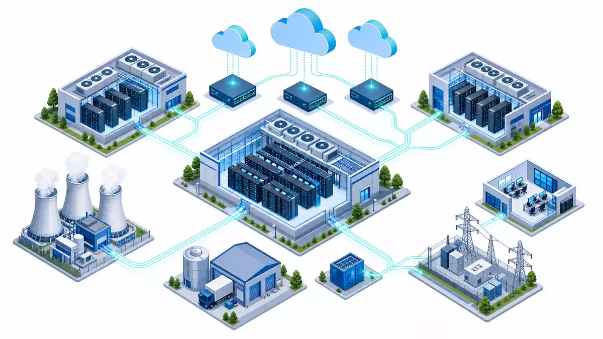 Isometrische 3D-Illustration vernetzter Rechenzentrumsgebäude mit Cloud-Verbindungen und Kühltürmen