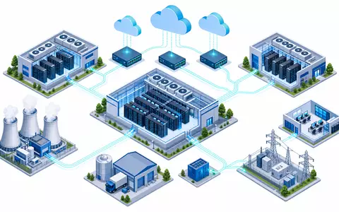 Equinix Inc. zeigt isometrisches 3D-Diagramm der vernetzten Rechenzentrum-Wertschöpfungskette in Blau, ISIN US29444U7033 - Foto: THN