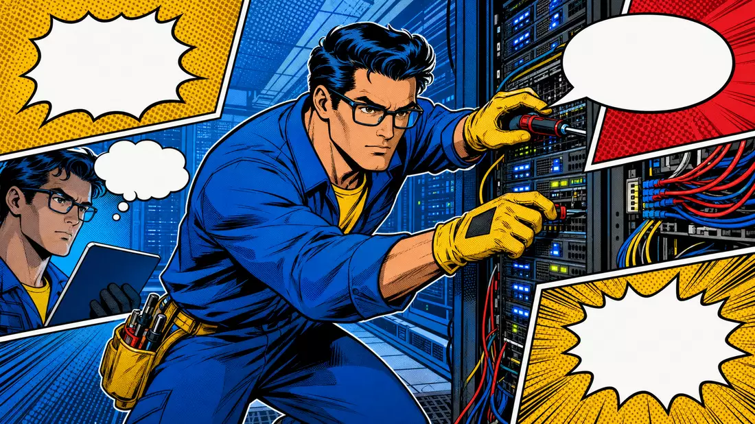 Pop-Art-Comic-Illustration eines Technikers beim Reparieren von Servern mit bunten Sprechblasen