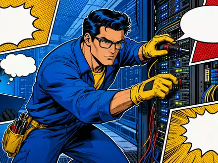 Equinix Inc. Pop-Art-Comic mit Technikerheld beim Serverreparieren im digitalen Rechenzentrum, ISIN US29444U7033 - Foto: THN