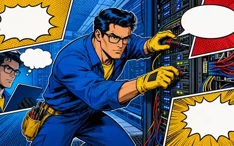 Equinix Inc. Pop-Art-Comic mit Technikerheld beim Serverreparieren im digitalen Rechenzentrum, ISIN US29444U7033 - Foto: THN