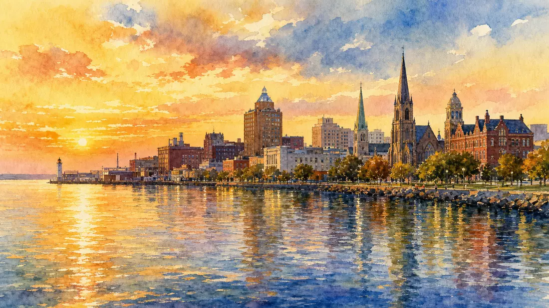 Aquarell der Erie Pennsylvania Skyline am Lake Erie bei Sonnenuntergang