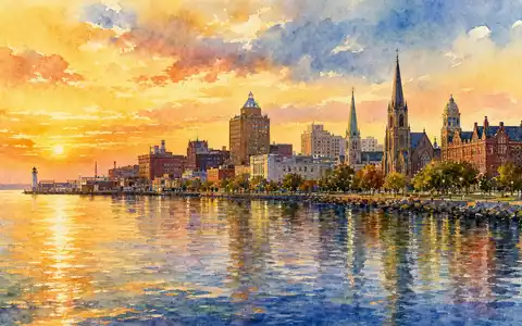 Erie Indemnity Co. Aquarell zeigt Erie Pennsylvania Skyline am See, ISIN US29530P1021 Unternehmensstandort - Foto: THN