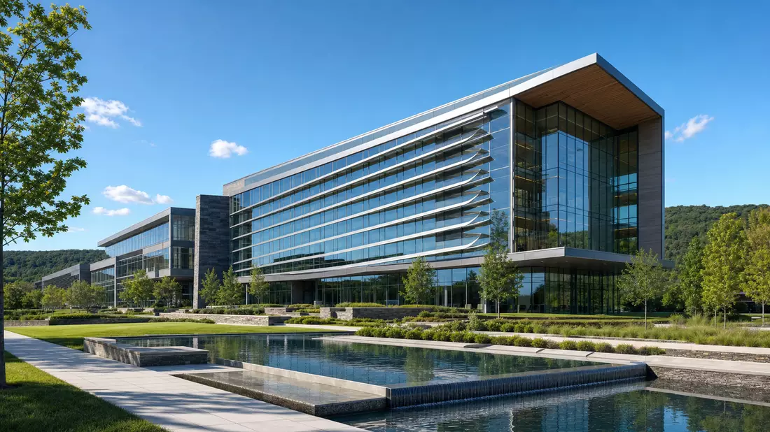 Architektur-Render modernes Hochhaus mit Glasfassade und Spiegelteich