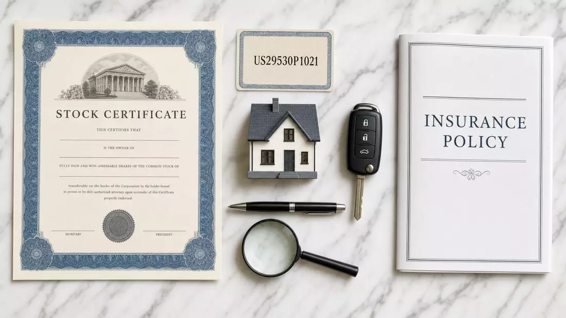 Flatlay mit Aktienzertifikat, ISIN-Karte US29530P1021, Hausmodell und Versicherungspolice