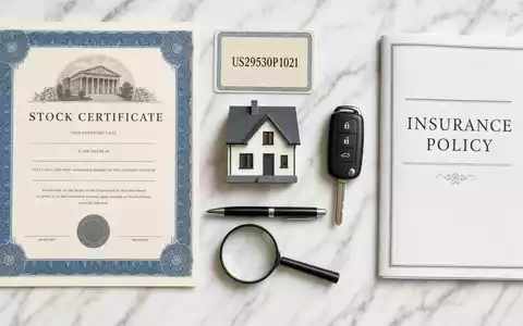 Erie Indemnity Co. Flatlay mit Aktien-Zertifikat und ISIN-Karte US29530P1021 Versicherungsutensilien auf Marmor - Foto: THN
