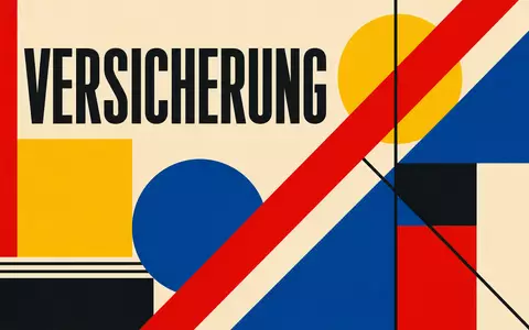 Erie Indemnity Co. Bauhaus-Poster mit VERSICHERUNG-Text und geometrischen Formen, ISIN US29530P1021 Sektor - Foto: THN