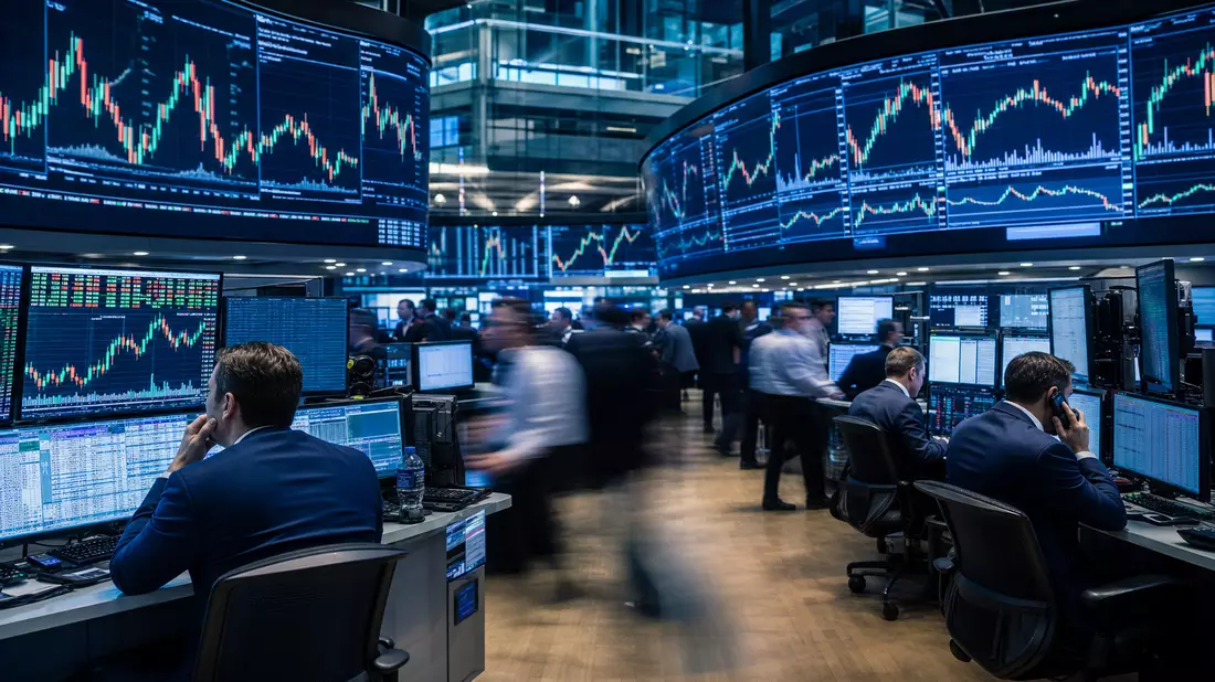 Editorialfoto eines belebten NASDAQ-Handelsraums mit Versicherungssektor-Kurscharts