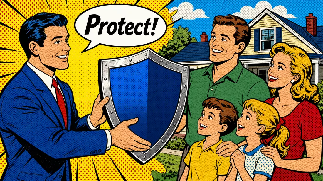 Pop-Art-Comic-Szene: Versicherungsagent übergibt Schutzschild an Vorstadtfamilie