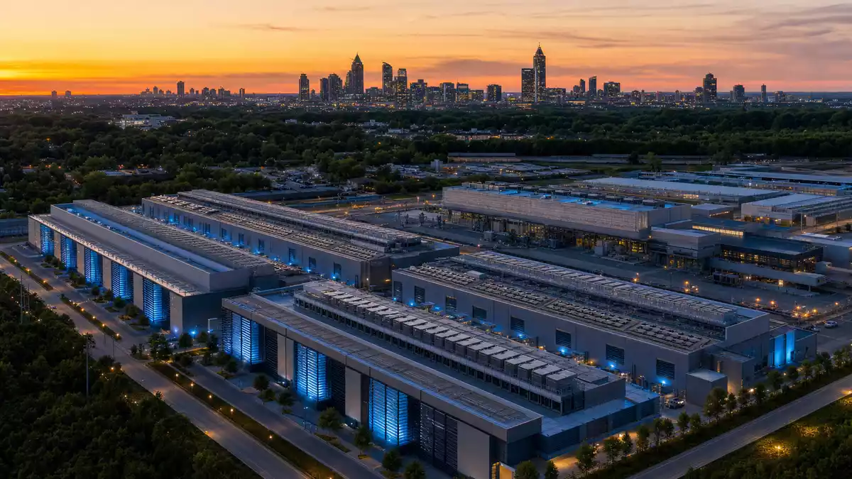 Fotorealistischer Blick auf Rechenzentrum Campus bei Daemmerung vor Atlanta Skyline