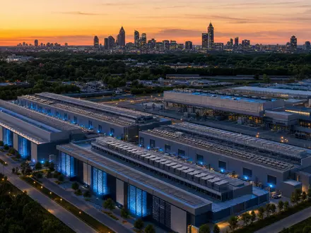 Equifax Inc. US2944291051 zeigt einen beleuchteten Rechenzentrum Campus bei Daemmerung vor der Atlanta Skyline - Foto: THN