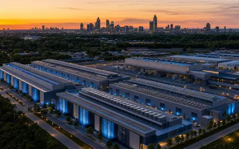 Equifax Inc. US2944291051 zeigt einen beleuchteten Rechenzentrum Campus bei Daemmerung vor der Atlanta Skyline - Foto: THN