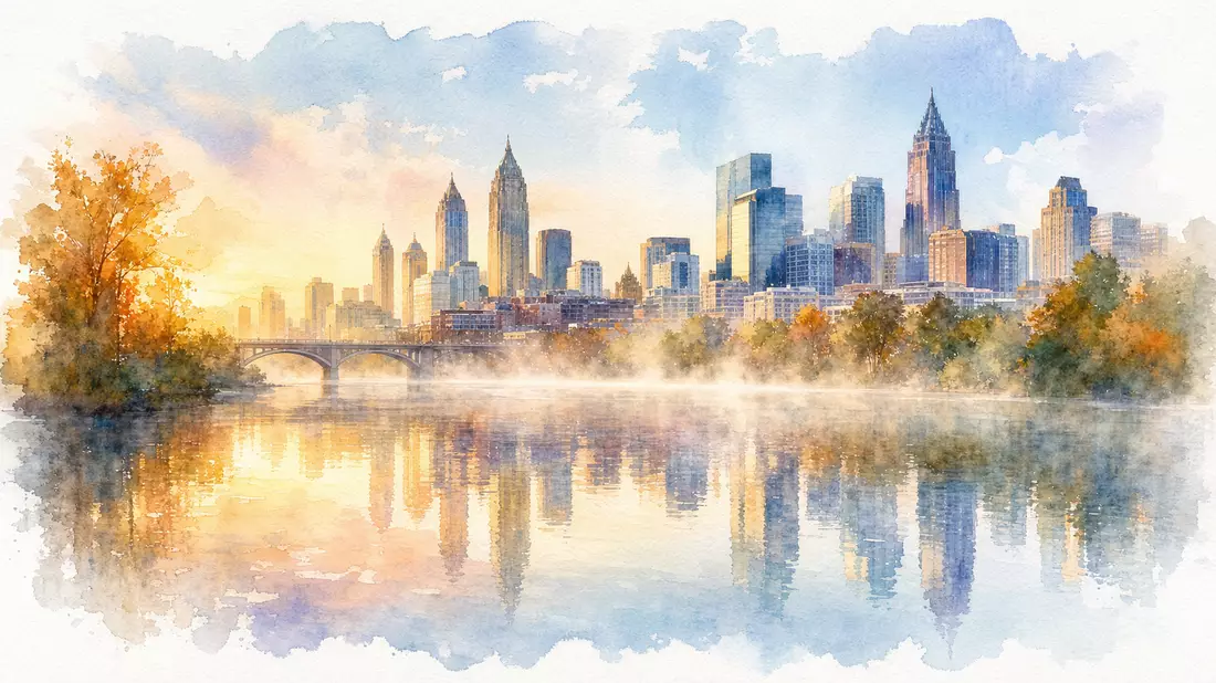 Aquarell der Atlanta Skyline im goldenen Morgenlicht mit Nebel am Fluss