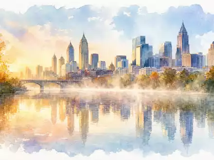 Equifax Inc. US2944291051 Aquarell der Atlanta Skyline im goldenen Morgenlicht mit Nebel am ruhigen Fluss - Foto: THN