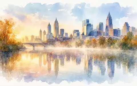 Equifax Inc. US2944291051 Aquarell der Atlanta Skyline im goldenen Morgenlicht mit Nebel am ruhigen Fluss - Foto: THN