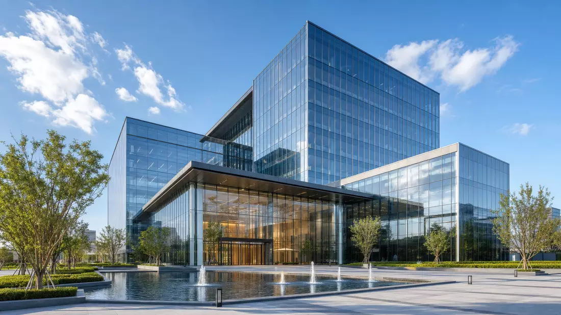 Architektur Render Konzerngebaeude mit Glasfassade und Brunnen Vorplatz