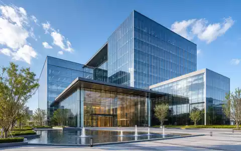 Equifax Inc. US2944291051 Architektur Render des Konzerngebaeudes mit Glasfassade und beleuchtetem Brunnen Vorplatz - Foto: THN