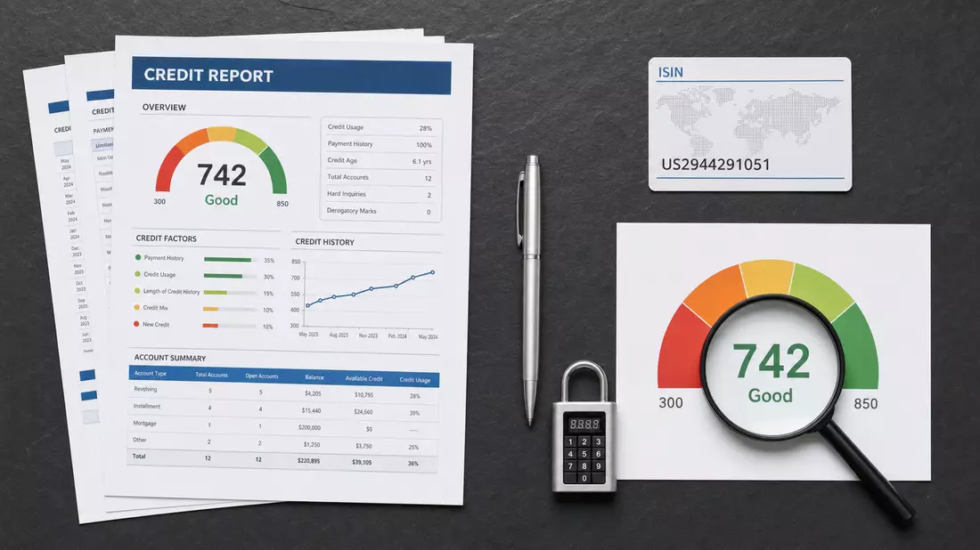 Flatlay mit Kreditbericht ISIN Karte Lupe Schloss und Score Grafik