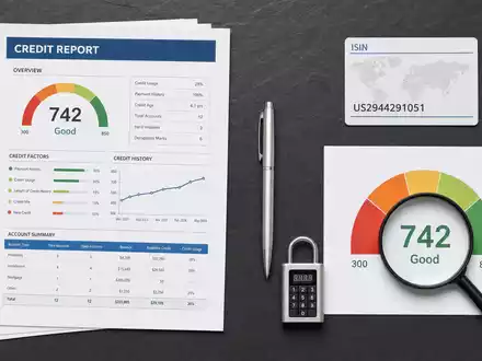 Equifax Inc. US2944291051 Flatlay mit Kreditbericht ISIN Karte Lupe Schloss und Bonitaets Score Grafik - Foto: THN