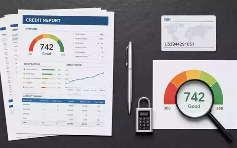 Equifax Inc. US2944291051 Flatlay mit Kreditbericht ISIN Karte Lupe Schloss und Bonitaets Score Grafik - Foto: THN
