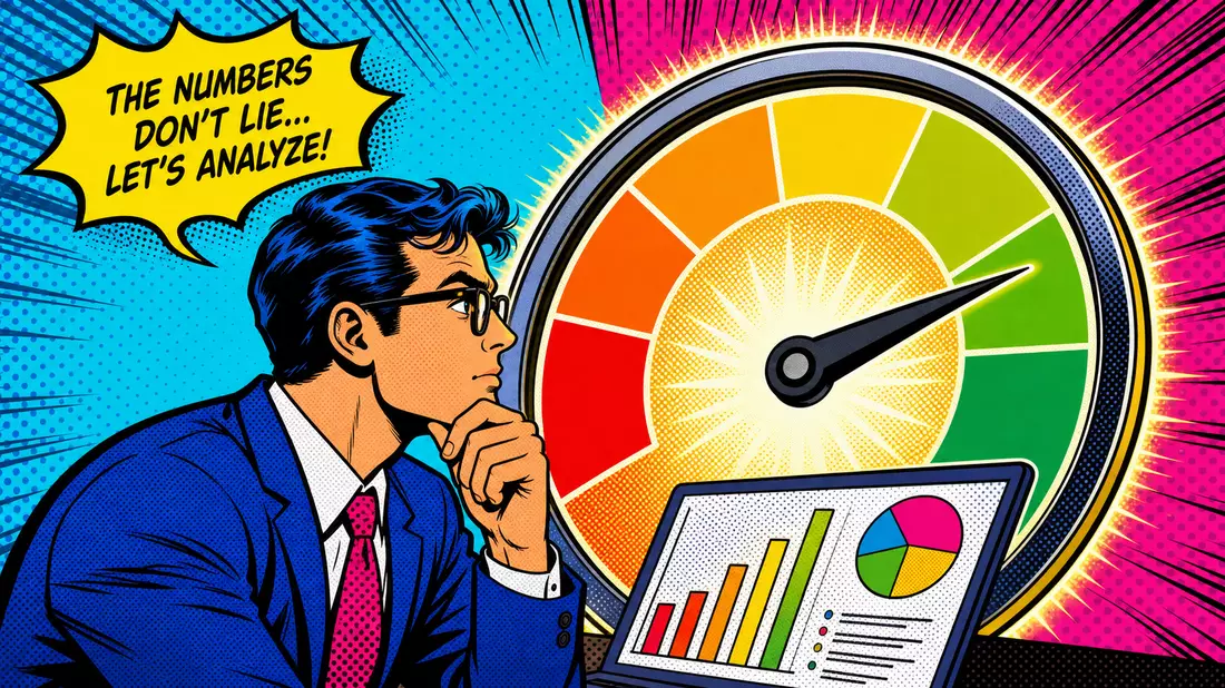 Pop Art Comic mit Analysten vor buntem Kredit Score Zifferblatt